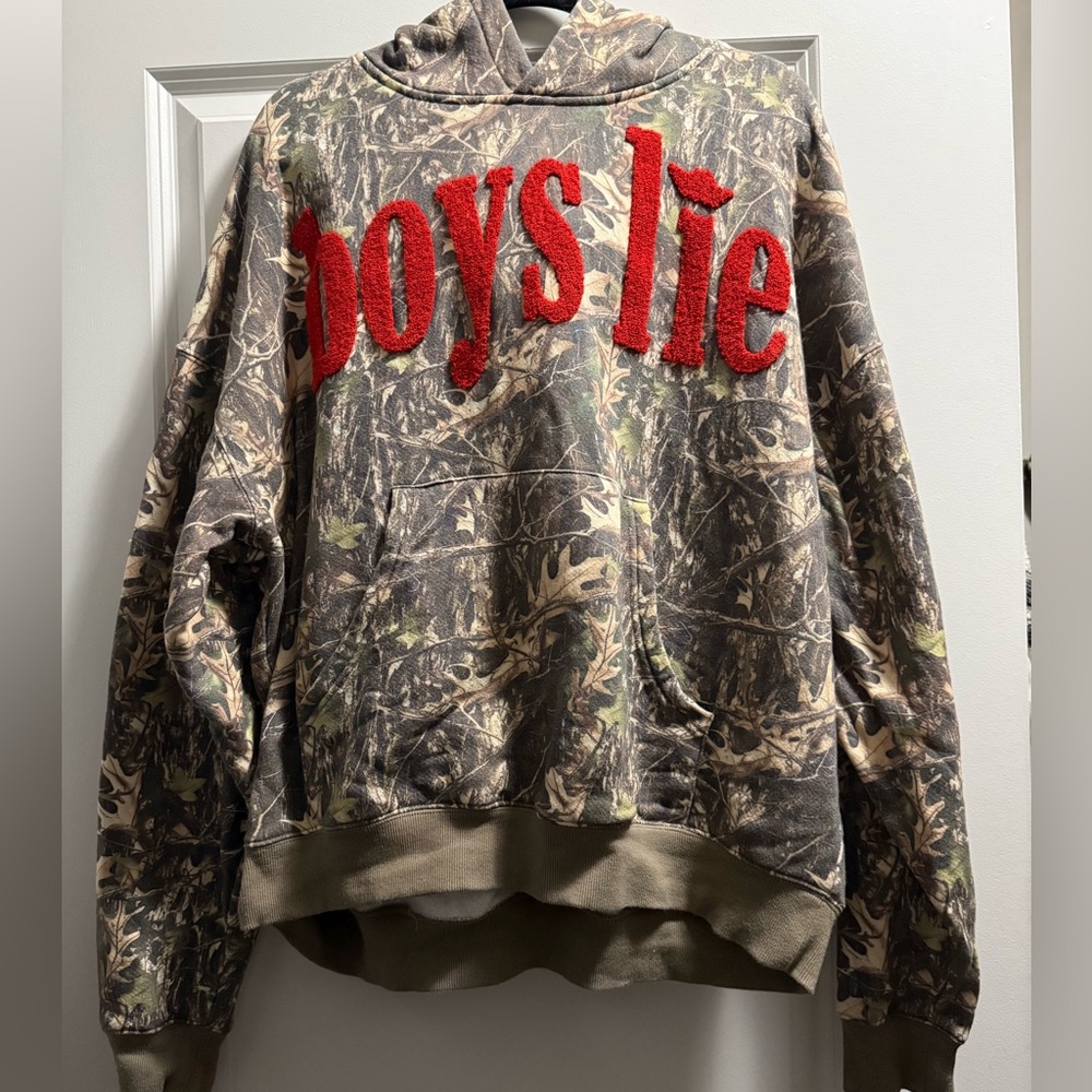 Boys Lie Camo Crewneck with Red Chenille Logo